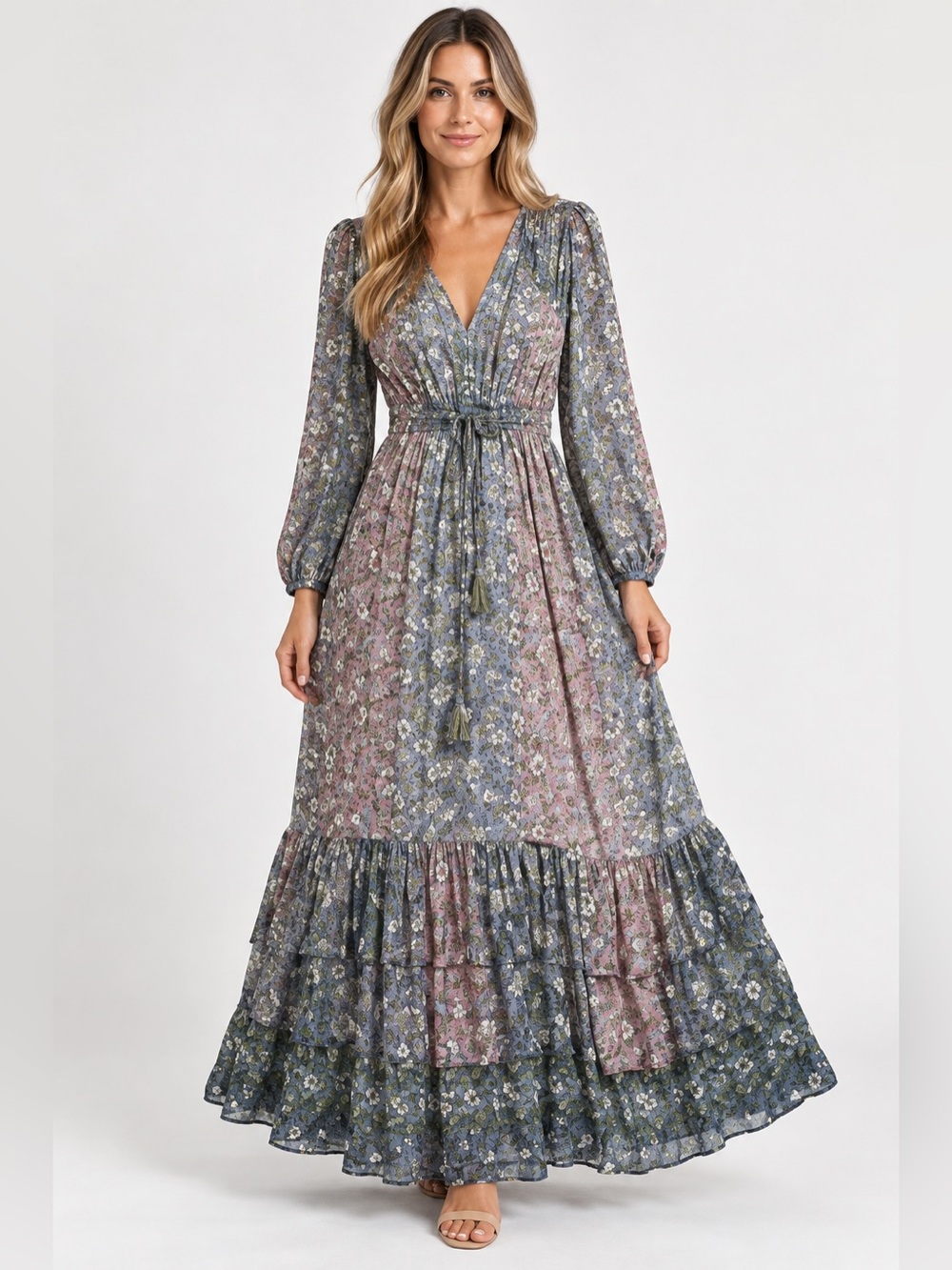Boemo Floral Boho Maxi Dress M Long Sleeve Tiered Tassel Prairie Anthropologie